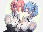  2girls bare_shoulders blue_hair breasts cleavage closed_eyes closed_mouth facing_another hair_ornament hair_ribbon highres large_breasts maid multiple_girls nitsuki_09 ram_(re:zero) re:zero_kara_hajimeru_isekai_seikatsu rem_(re:zero) ribbon short_hair siblings sisters x_hair_ornament 