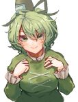  1girl black_headwear closed_mouth commentary_request cross-laced_clothes green_eyes green_hair hat jewelry long_sleeves looking_at_viewer lowres ring simple_background smile soga_no_tojiko solo takana_(forsterite) tate_eboshi touho touhou upper_body white_background 