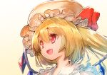  1girl blonde_hair collared_shirt crystal flandre_scarlet frilled_shirt_collar frills hair_between_eyes happy hat medium_hair mob_cap multicolored_wings one_side_up open_mouth red_eyes shirt simple_background smile solo touhou upper_body usapenpen2019 white_background white_headwear white_shirt wings 