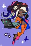  1girl aqua_eyes black_gloves black_hair blue_hair cephalopod_eyes commentary computer dark-skinned_female dark_skin eyelashes fingerless_gloves full_body furrowed_brow gloves gradient_hair high_heels highres holding holding_laptop jacket laptop long_hair marina_(splatoon) multicolored_hair navel octoling one_eye_closed open_clothes open_jacket orange_jacket orange_pants pants purple_background red_pupils simple_background smile solo sparkle splatoon_(series) splatoon_3 splatoon_3:_side_order symbol-only_commentary teeth tentacle_hair thick_eyebrows two-tone_hair yoshishi_(yosisitoho) 
