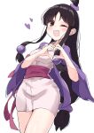  1girl :d absurdres ace_attorney batarop black_eyes black_hair commentary_request curtained_hair dress heart heart_hands highres long_hair looking_at_viewer maya_fey one_eye_closed open_mouth pencil_dress pink_dress purple_sash sash simple_background smile solo standing topknot white_background 