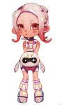  1girl :o agent_8_(splatoon) blush bodysuit boots drone full_body gradient_hair grey_hair highres medium_hair multicolored_hair non-humanoid_robot octoling octoling_girl octoling_player_character open_mouth pearl_drone_(splatoon) plum0o0 red_eyes red_hair robot simple_background sleeveless sleeveless_bodysuit socks splatoon_(series) splatoon_3 splatoon_3:_side_order standing tentacle_hair two-tone_hair white_background white_bodysuit white_footwear white_socks 