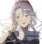  1girl :d bare_shoulders bracelet collarbone fire_emblem fire_emblem:_genealogy_of_the_holy_war hair_between_eyes hairband highres jewelry kabos_(kabos000kbs) long_hair open_mouth ponytail purple_eyes purple_hair red_hairband smile solo tailtiu_(fire_emblem) teeth twitter_username upper_body upper_teeth_only white_background 