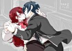  1boy 1girl blue_eyes blue_hair blush facing_another from_side gekkoukan_high_school_uniform grey_background hair_over_one_eye hand_around_waist hand_in_another&#039;s_hair hetero holding_hands imminent_kiss kazanami kirijou_mitsuru long_hair looking_at_another persona persona_3 red_eyes red_hair school_uniform shirt short_hair simple_background upper_body white_shirt yuuki_makoto_(persona_3) 