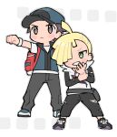 2boys ahoge alternate_color backpack bag baseball_cap blonde_hair blush_stickers brown_eyes clenched_hand ear_piercing fanny_pack full_body gladion_(pokemon) green_eyes grey_pants hair_over_one_eye hat highres multiple_boys pants piercing pokemon pokemon_masters_ex pumpkinpan red_(pokemon) standing teeth torn_clothes 