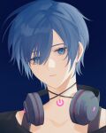  1boy absurdres bishounen blue_background blue_eyes blue_hair closed_mouth collarbone expressionless eyelashes hair_between_eyes headphones headphones_around_neck highres kaito_(vocaloid) looking_at_viewer male_focus neck_tattoo portrait power_symbol project_sekai short_hair sidelighting solo tattoo vocaloid yunpianer 