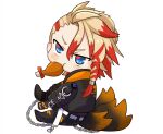  1boy axel_syrios belt black_jacket black_pants blonde_hair blue_eyes braid chain chibi chicken_(food) eating food food_in_mouth gloves hair_between_eyes highres holostars holostars_english jacket looking_at_viewer male_focus multicolored_hair multiple_tails pants red_hair side_braid solo tail torn_clothes torn_pants two-tone_hair white_background yoidori_(yoitor1) 