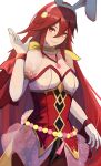  1girl animal_ears breasts cleavage closed_mouth cordelia_(fire_emblem) cordelia_(spring)_(fire_emblem) fake_animal_ears fire_emblem fire_emblem_awakening fire_emblem_heroes flower hair_between_eyes hair_flower hair_ornament highres labebebe_lee leotard long_hair looking_at_viewer official_alternate_costume pantyhose playboy_bunny rabbit_ears red_eyes red_hair red_leotard small_breasts smile solo very_long_hair white_background 