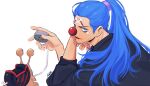  1boy black_jacket blue_eyes blue_hair bright_pupils buggy_the_clown clown clown_nose den_den_mushi facial_hair facial_tattoo goatee_stubble highres holding holding_phone jacket long_hair male_focus one_piece parted_lips phone ponytail purple_scrunchie red_lips red_nose scrunchie signature simple_background solo stubble tattoo upper_body vamos_mk white_background white_pupils 