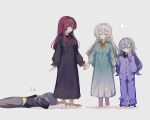  4girls :d black_dress blue_hair closed_eyes dress facing_viewer firefly_(honkai:_star_rail) gradient_dress green_dress grey_hair highres holding_another&#039;s_leg holding_hands honkai:_star_rail honkai_(series) inagoinaire kafka_(honkai:_star_rail) long_dress long_hair long_sleeves looking_at_another lying multicolored_hair multiple_girls nightgown on_stomach open_mouth pajamas pants pleated_dress purple_hair purple_pajamas purple_pants purple_shirt rubbing_eyes shirt silver_wolf_(honkai:_star_rail) simple_background smile stelle_(honkai:_star_rail) streaked_hair trailblazer_(honkai:_star_rail) white_background white_dress zzz 