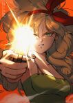  1girl artist_name blonde_hair bow breasts cleavage dragon_ball dragon_ball_(classic) firing green_eyes green_shirt gun hair_bow highres holding holding_gun holding_weapon hydeover9000 long_hair looking_at_viewer lunch_(bad)_(dragon_ball) lunch_(dragon_ball) one_eye_closed orange_background red_bow shirt sleeveless sleeveless_shirt solo upper_body weapon 