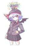  2girls alternate_costume aokukou bat_wings black_headwear black_jacket black_skirt blonde_hair breast_pocket chibi chibi_on_head collared_shirt cowboy_shot crystal_wings dj english_commentary flandre_scarlet hand_on_own_hip hat hat_ribbon highres jacket long_sleeves looking_at_viewer medium_hair multicolored_wings multiple_girls musical_note necktie o3o on_head orange_eyes plaid_necktie pleated_skirt pocket pointy_ears purple_hair red_necktie red_ribbon remilia_scarlet ribbon shirt siblings simple_background skirt speaker sunglasses touhou turntable white_background white_shirt wings 