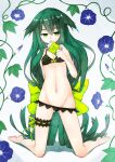  absurdly_long_hair arm_behind_back asameshi ass_visible_through_thighs barefoot bikini black_bikini bow bow_bikini breasts bridal_garter facing_viewer floral_background flower gatchaman_crowds green_eyes green_hair green_ribbon hair_between_eyes hair_bow huge_bow kneeling long_hair looking_to_the_side low-tied_long_hair lowleg lowleg_bikini miya_utsutsu morning_glory navel note_(gatchaman_crowds) object_to_mouth plant ribbon sideways_glance simple_background small_breasts swimsuit very_long_hair vines white_background 