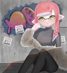  1girl absurdres black_pants commentary graffiti grey_sweater highres inkling inkling_girl inkling_player_character long_hair looking_at_viewer negi_kobito open_mouth pants pointy_ears red_hair sitting solo splatoon_(series) sweater symbol-only_commentary tentacle_hair thick_eyebrows yellow_eyes 