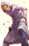  1boy bleach bleach:_sennen_kessen-hen blonde_hair blurry blurry_foreground buttons coat double-breasted gremmy_thoumeaux hair_between_eyes hands_in_pockets hood hood_up leaning_forward looking_at_viewer male_focus pants short_hair smile solo soraao0322 sternritter wandenreich_uniform white_coat white_pants yellow_eyes 