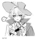 1boy ashi_(dongshi389) blush box cape cavalier_hat coat collared_shirt finger_heart greyscale hat_feather heart-shaped_box highres holding holding_box limbus_company looking_at_viewer male_focus monochrome necktie open_mouth project_moon shirt sinclair_(project_moon) solo valentine wing_collar 