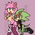 amy_rose anthro archie_comics boots breast_tape candy clothing collar copii_chaotix dessert duo ear_cuff embrace eulipotyphlan eyewear female food footwear garter_straps gloves green_body handwear hedgehog leather leather_clothing leather_topwear leggings legwear lollipop looking_at_viewer male male/female mammal multiple_piercings navel navel_piercing piercing pink_body scourge_the_hedgehog sega sonic_the_hedgehog_(archie) sonic_the_hedgehog_(comics) sonic_the_hedgehog_(series) stockings sunglasses tongue tongue_out topwear