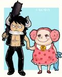  &gt;:( aged_down belt_buckle black_eyes black_footwear black_hair black_jacket black_pants blush_stickers buckle charlotte_linlin child choshika club_(weapon) demon_horns denim double_bun dress eyelashes fat freckles frilled_dress frills frown hair_bun holding holding_club holding_hands holding_stuffed_toy horns jacket jeans kaidou_(one_piece) kanabou looking_at_another neck_ribbon open_clothes open_jacket over_shoulder pants polka_dot polka_dot_dress red_eyes red_footwear ribbon scarf short_hair smile spiked_club stuffed_animal stuffed_rabbit stuffed_toy triangle_nose v-shaped_eyebrows weapon weapon_over_shoulder white_scarf yellow_ribbon 