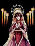  averting_eyes black_background breasts brown_hair candle choker collarbone crown dress empty_eyes evillious_nendaiki frown gouache_(medium) hair_between_eyes halo hand_on_own_chest highres large_breasts looking_to_the_side majo_salmhofer_no_toubou_(vocaloid) meiko_(vocaloid) meta28050 meta_salmhofer painting_(medium) parody red_dress religion see-through see-through_sleeves serious short_hair sideways_glance traditional_media vocaloid watercolor_(medium) yellow_veil 