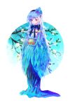  1girl blue_dress blue_flower blue_hair bow branch closed_mouth dress earrings feathered_wings feathers flower full_body hair_flower hair_ornament hairband jewelry long_hair looking_at_viewer mint5464 original red_eyes sash solo standing white_background winged_arms wings 