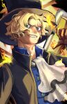  1boy ascot black_headwear blonde_hair brown_gloves clenched_teeth commentary_request fire fujitachobi gloves hair_between_eyes hat highres lead_pipe looking_at_viewer male_focus one_piece sabo_(one_piece) scar scar_across_eye scar_on_face short_hair smile solo teeth top_hat white_ascot 