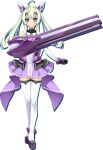  1girl ahoge amakubo_yuri bare_shoulders black_gloves blunt_ends blunt_sidelocks closed_mouth covered_navel elbow_gloves exs-tia_flora frilled_skirt frills gem gloves green_hair gun headgear holding holding_gun holding_weapon inoino kouyoku_senki_exs-tia long_hair lusterise magical_girl purple_eyes purple_footwear purple_gemstone purple_skirt serious simple_background skirt solo standing tachi-e thighhighs twintails weapon white_background white_thighhighs zettai_ryouiki 