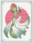  bob_cut colored_skin dress flower gardevoir gardevoir_(fashionable) green_hair hat hat_flower highres looking_at_viewer multicolored_skin pink_eyes pkmn_strn pokemon pokemon_(creature) pokemon_unite smile two-tone_skin white_dress white_headwear white_skin 