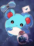  animal_focus artist_name blue_background blue_bow blue_skin blueberry bow checkered_background closed_mouth colored_skin commentary_request envelope food fruit hanabusaoekaki highres jar looking_at_viewer marill no_humans pokemon pokemon_(creature) simple_background smile sparkle star_(symbol) 