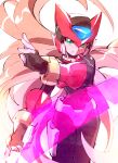  1girl aile_(mega_man_zx) armor black_bodysuit blonde_hair bodysuit bodysuit_under_clothes crotch_plate energy_sword forehead_jewel helmet holding holding_sword holding_weapon kon_(kin219) long_hair mega_man_(series) mega_man_zx model_ox_(mega_man) power_armor red_armor red_headwear simple_background solo sword weapon white_background 