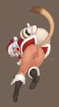  absurdres animal_ears ass bottomless cat_ears christmas clitoris_piercing clitoris_ring final_fantasy final_fantasy_xi gochou_(kedama) hat highres mithra no_panties piercing pussy pussy_juice santa_costume santa_hat shiny shiny_skin solo tail 