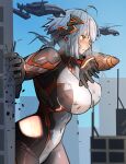  1girl absurdres aircraft blue_hair blue_sky bodysuit breasts city cityscape colossus_(natsukaze_shigure) covered_nipples destruction giant giantess green_eyes hair_ornament helicopter highres large_breasts magical_girl natsukaze_shigure navel original outdoors short_hair skin_tight sky solo standing tokusatsu 