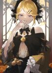  absurdres aku_no_musume_(vocaloid) bare_shoulders black_bow blonde_hair blue_eyes bow brooch dress dress_flower embers evil_smile evillious_nendaiki falling_petals flower frilled_dress frilled_sleeves frills grin hair_ornament hairclip hand_on_own_chin high_ponytail highres jewelry kagamine_rin looking_at_viewer miku_symphony_(vocaloid) off-shoulder_dress off_shoulder ojou-sama_pose parted_lips petals riliane_lucifen_d&#039;autriche rose sidelocks sitting smile stroking_own_chin swept_bangs thorns un_known9999 updo vocaloid wide_sleeves window yellow_dress yellow_flower yellow_gemstone yellow_rose 