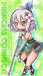  1girl antenna_hair copyright_name dress elf flower gladiator_sandals gotthi green_background green_dress green_sleeves grey_hair hair_between_eyes hair_flower hair_ornament highres kokkoro_(princess_connect!) pointy_ears polearm princess_connect! princess_form_(princess_connect!) sandals see-through see-through_sleeves solo weapon white_flower 