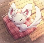  :&gt; blush closed_eyes closed_mouth commentary_request cushion happy highres indoors kagure_(karaguren) lying minccino no_humans pokemon pokemon_(creature) signature smile solo wooden_floor 