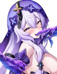  1girl bare_shoulders black_swan_(honkai:_star_rail) breasts commentary highres hiroki_(hirokiart) honkai:_star_rail honkai_(series) large_breasts long_hair looking_at_viewer open_mouth purple_eyes purple_hair simple_background unfinished upper_body veil very_long_hair white_background 