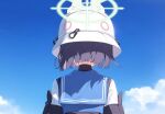  1girl armband black_armband blue_archive blue_hair blue_sailor_collar blue_sky bucket_hat cloud cloudy_sky commentary from_behind green_halo halo hard_hat hat helmet outdoors sailor_collar saki_(blue_archive) short_hair sky solo turtleneck tyureu upper_body white_headwear 