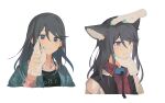  1girl 1other absurdres animal_ears aqua_jacket black_hair black_jacket black_leash black_shirt blue_collar blue_eyes blue_hair blush cat_ears cat_girl closed_mouth collar collared_shirt colored_inner_hair disembodied_limb green_nails hair_between_eyes hand_on_another&#039;s_hand highres hoshino_ichika_(project_sekai) jacket leash light_smile looking_at_another medium_hair multicolored_clothes multicolored_hair multicolored_jacket multiple_views nail_polish open_clothes open_jacket project_sekai red_shirt shirt swept_bangs two-tone_jacket upper_body white_background white_jacket white_shirt ximuye 