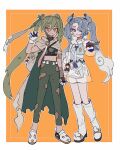  2girls bandaged_arm bandages boots border cloak closed_mouth commentary_request double_bun eyelashes eyeshadow flying_miku_(project_voltage) full_body great_ball green_hair green_pants grey_cloak ground_miku_(project_voltage) hair_between_eyes hair_bun hatsune_miku highres holding holding_hands holding_poke_ball knee_boots korean_commentary long_hair makeup multiple_girls orange_background orange_eyes outside_border pants poke_ball poke_ball_(basic) pokemon project_voltage red_eyeshadow shoes simple_background smile standing tassel teeth torn_cloak torn_clothes twintails very_long_hair vocaloid waist_poke_ball white_border white_footwear x_ggi 
