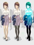  1girl absurdres bag black_footwear brown_hair buttons crowd fingernails floral_print full_body high_heels highres long_sleeves looking_to_the_side office_lady original pencil_skirt ponytail shirt skirt suit thighs white_shirt y.kami_nao/take 
