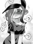  ! 1girl ? artist_name baseball_cap blush breasts cephalopod_eyes commentary_request dedf1sh eromame eyelashes greyscale hair_over_one_eye hat long_hair looking_at_viewer monochrome octoling off_shoulder open_mouth print_headwear single_bare_shoulder solo splatoon_(series) splatoon_3 spoken_exclamation_mark spoken_question_mark tentacle_hair twitter_username 