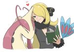  1girl antennae black_dress black_eyes blonde_hair book breasts cleavage closed_eyes collarbone cynthia_(pokemon) dress fish fur_trim hair_over_one_eye headpat heart holding holding_book long_hair milotic p_0_a pokemon pokemon_(creature) smile 