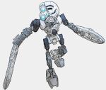  absurdres artist_name bionicle blue_eyes english_commentary from_above glowing glowing_eyes grey_background highres kanohi_(bionicle) kopaka_(bionicle) kreuzer_00 looking_up mask shield simple_background sword the_lego_group weapon 