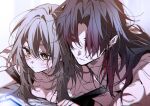  1boy 1girl bare_shoulders blade_(honkai:_star_rail) blush breasts cleavage couple dlckrpwjd111 earrings grey_hair hair_between_eyes honkai:_star_rail honkai_(series) jewelry long_hair lying_on_another lying_on_person messy_hair on_bed parted_bangs pout red_eyes scar simple_background stelle_(honkai:_star_rail) tassel tassel_earrings topless_male trailblazer_(honkai:_star_rail) yellow_eyes 