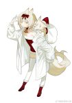  1girl animal_ears bell blonde_hair boots bow chinese_commentary choker christmas closed_mouth coat collar commentary_request dress fox fox_ears fox_tail full_body fur-trimmed_boots fur-trimmed_dress fur_trim hair_bow hand_up hat highres long_sleeves looking_at_viewer neck_bell original red_bow red_choker red_dress red_footwear rexxxlord santa_costume santa_dress santa_hat short_hair simple_background sleeves_past_fingers sleeves_past_wrists smile solo strapless tail thighhighs weibo_logo weibo_username white_background white_coat white_hair white_thighhighs yellow_eyes 