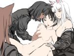  4girls after_kiss animal_ears black_hair black_shirt blue_eyes breasts brown_eyes brown_hair cat_ears cat_girl commentary_request completely_nude dark-skinned_female dark_skin grabbing grabbing_another&#039;s_breast grey_eyes group_sex hand_on_another&#039;s_knee heterochromia highres large_breasts long_sleeves multiple_girls navel nude off_shoulder open_mouth original parted_lips saliva saliva_trail shirt small_breasts smile takekawa_shin tribadism white_hair yellow_eyes yuri 