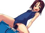  blush bosshi brown_hair censored clitoris copyright_request dildo green_eyes highres large_insertion object_insertion one-piece_swimsuit open_mouth pussy school_swimsuit sitting solo spread_legs swimsuit swimsuit_aside urethra 