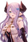  1girl bare_shoulders black_dress black_gloves blue_eyes braid breasts brown_horns center_opening cleavage cleavage_cutout clothing_cutout commentary_request draph dress elbow_gloves gloves granblue_fantasy hair_ornament hair_over_one_eye heart horns jacket large_breasts long_hair looking_at_viewer narmaya_(granblue_fantasy) open_mouth p_(p25234112) pointy_ears purple_hair simple_background single_braid sleeveless smile solo spoken_heart upper_body white_background white_jacket 