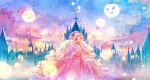 1girl :d castle cloud cross dress flower frills hair_flower hair_ornament hairband jewelry long_hair long_sleeves looking_at_viewer mint5464 multicolored_sky open_mouth original outdoors pink_dress red_eyes sky smile solo standing very_long_hair white_hair 
