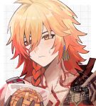  1boy arm_tattoo armlet asatya_ny black_coat blonde_hair blush braid chest_tattoo clawed_gauntlets coat commentary_request earrings facial_tattoo gradient_hair gridman_universe highres holding_bread honkai:_star_rail honkai_(series) jewelry male_focus medium_hair multicolored_hair mydei_(honkai:_star_rail) necklace open_clothes open_coat red_hair red_tattoo side_braid solo sweatdrop tattoo watermark yellow_eyes 