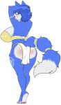 absurd_res accessory alpha_channel anthro barefoot big_breasts black_nose blue_body blue_eyes blue_fur blue_hair blush bottomwear bra breasts canid canine clothing feet female fox fur furgonomics hair hi_res krystal_(star_fox) loincloth looking_at_viewer looking_back looking_back_at_viewer mammal nintendo rear_view simple_background skidd solo star_fox tail tail_accessory tailband transparent_background underwear